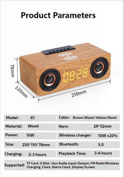 RetroWood 4-in-1 Wireless Charger Bluetooth Speaker Alarm Clock