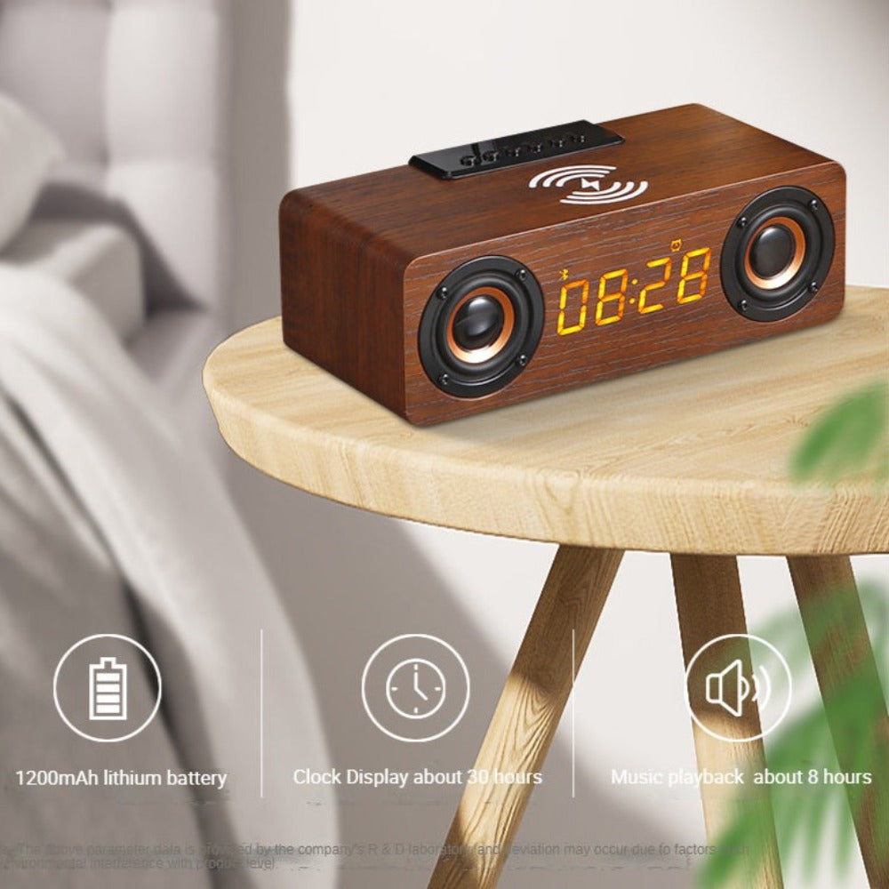 RetroWood 4-in-1 Wireless Charger Bluetooth Speaker Alarm Clock